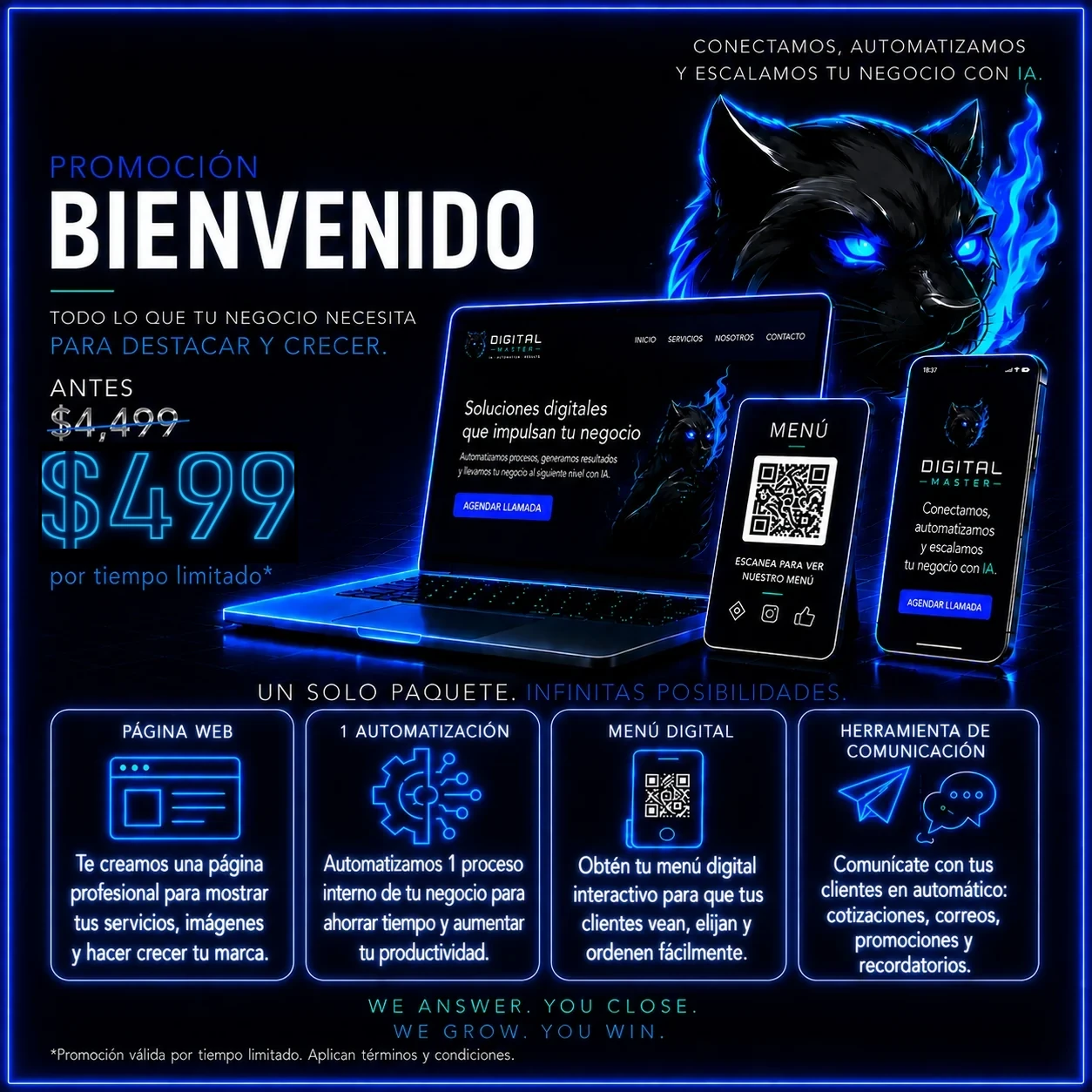 Paquete Bienvenido: página web, 1 automatización, menú digital y herramienta de comunicación por $499